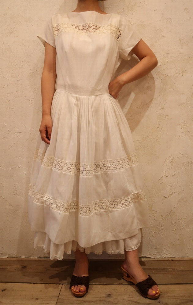 50 60年代ホワイト無地かぎ編み切り替え半袖ドレス ｆｉｚｚ Select Lady S Vintage Clothing