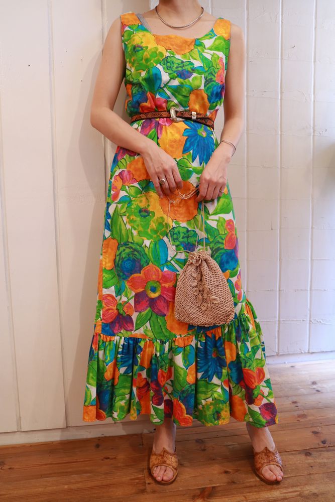 70年代グリーン×オレンジ×ブルートロピカル花柄裾フリルノースリーブ