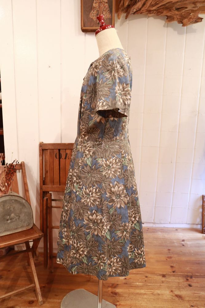 50 60年代ネイビー グレー花柄胸元デザイン半袖ドレス ｆｉｚｚ Select Lady S Vintage Clothing