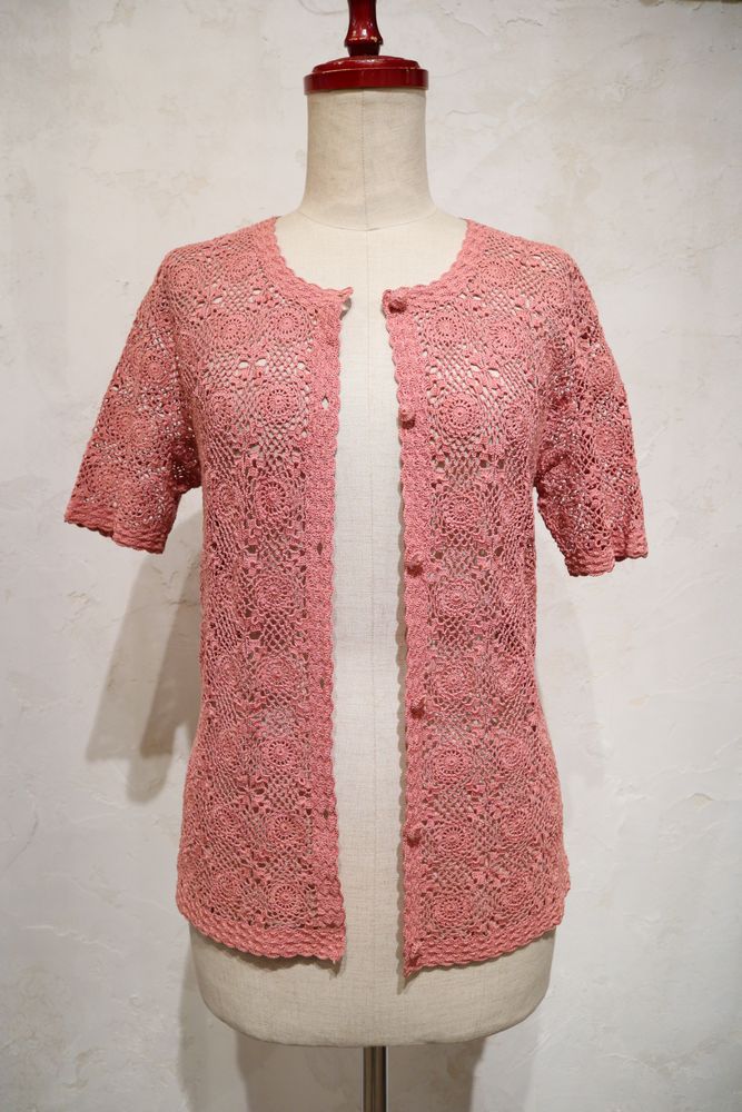 60〜70年代くすみピンクかぎ編みクルーネック半袖カーディガン
