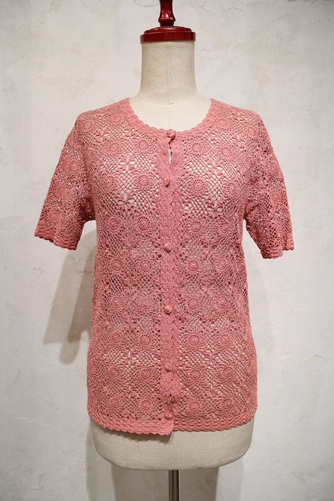 60〜70年代くすみピンクかぎ編みクルーネック半袖カーディガン