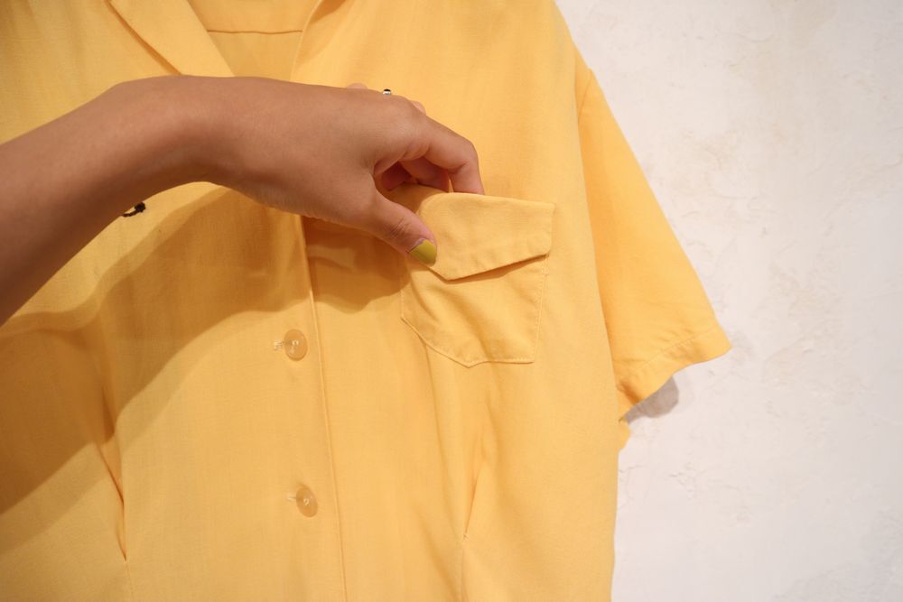 50年代イエロー×ブラウンチェーンステッチ開襟半袖ボーリングシャツ