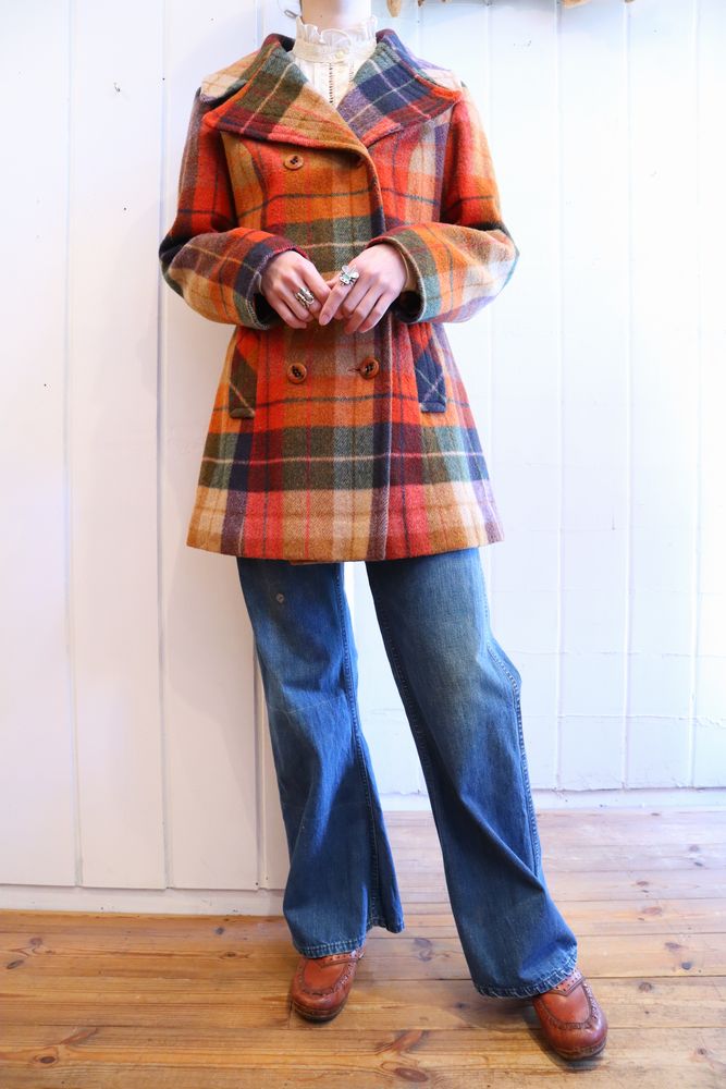 70年代オレンジ×ダークグリーンチェック開襟長袖ウールコート