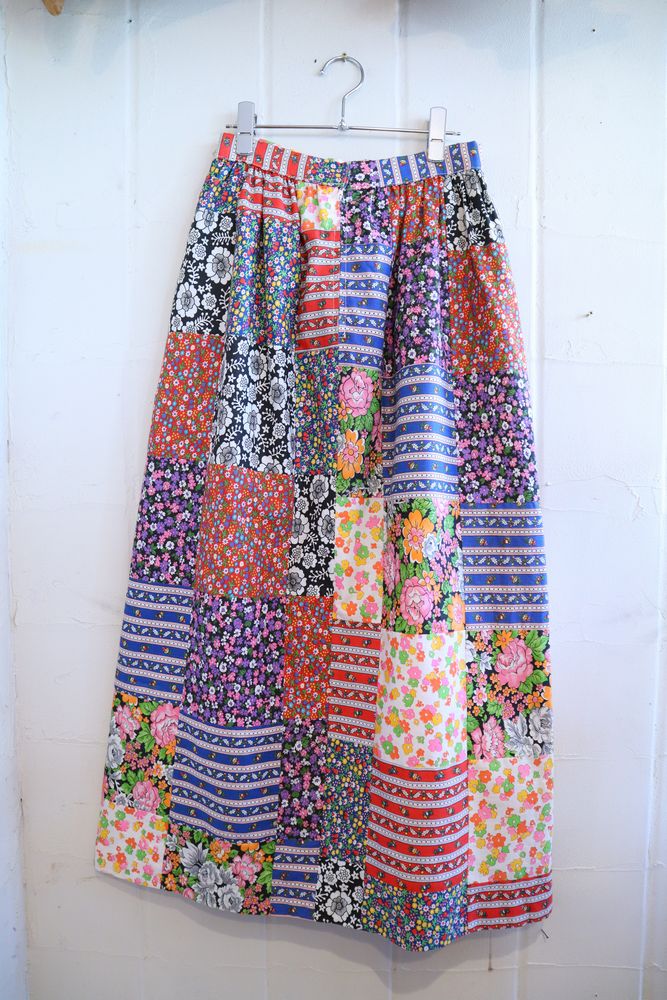 ウエストゴム70s vintage ドレスデン パッチワーク 柄 スカート