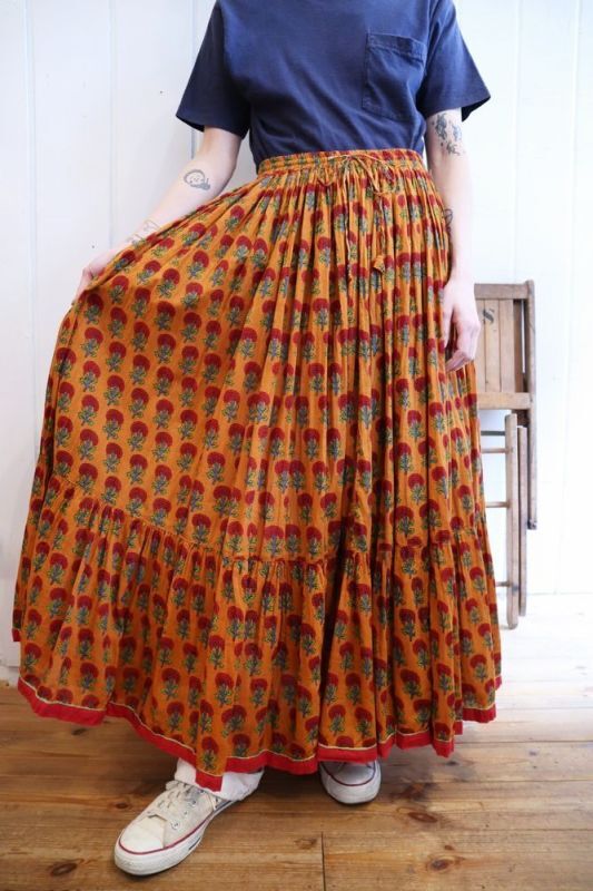 70s vintage☆ボルドー花柄ブロックプリント インド綿スカート