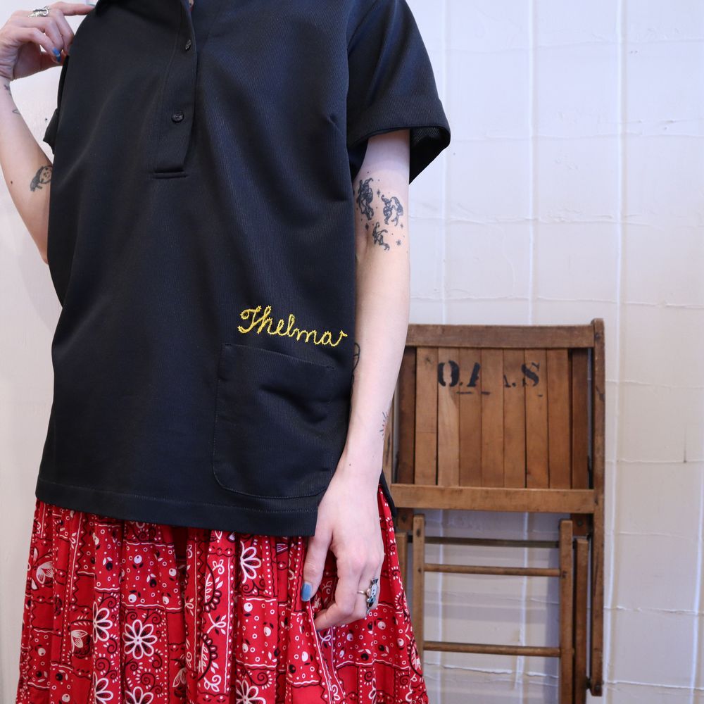70〜80年代”Hilton”ブラック×イエローチェーン刺繍ポケット付き半袖プルオーバーボーリングシャツ