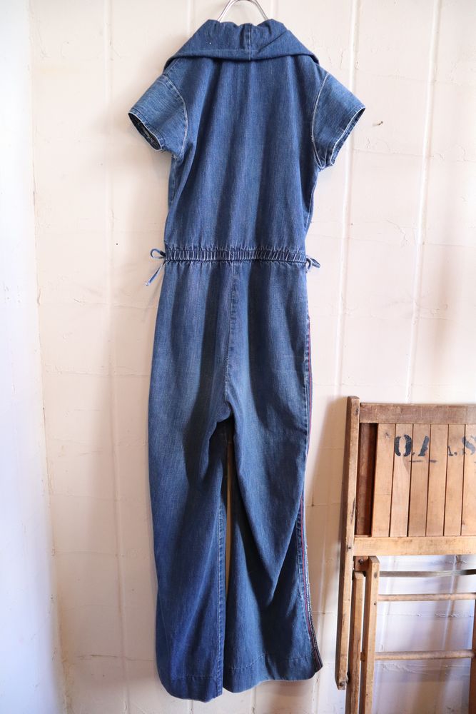 60〜70年代ブルー×パステルレインボー刺繍ポケット付き半袖デニム 