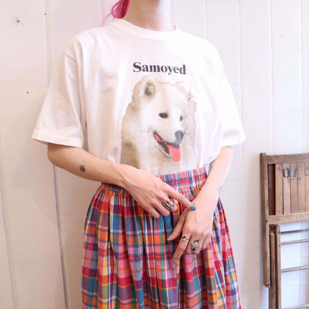 made in USA ホワイト×ブラック犬プリントクルーネック半袖Ｔシャツ