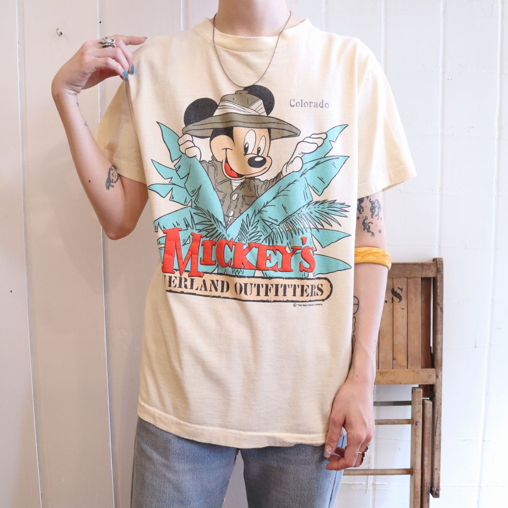 made in USA ベージュ×ブルー×カーキ”Mickey Mouse”プリントクルー