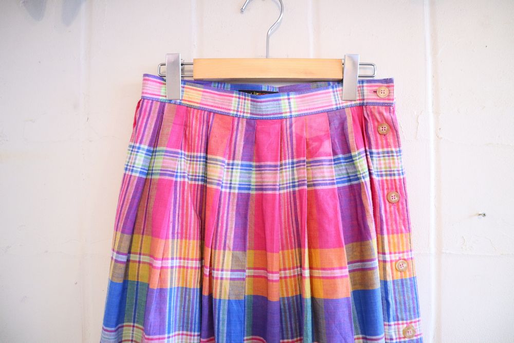 ピンク×ブルー×イエローチェックサイドボタンポケット付きスカート 