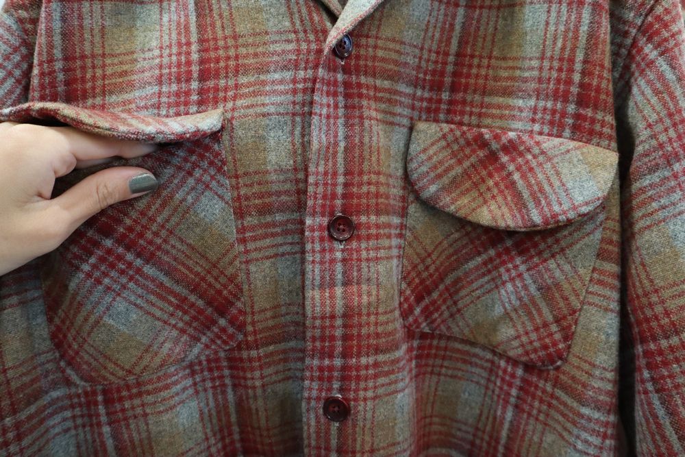 50〜60年代”Mac Phergus”レッド×グレーチェック柄ポケット付き開襟長袖