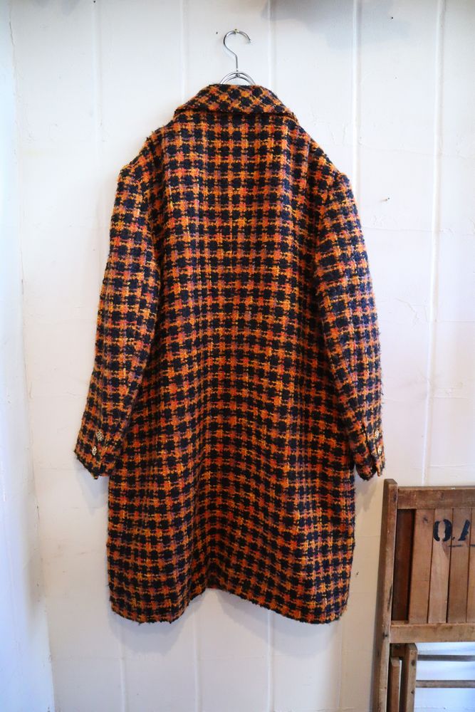 50〜60年代オレンジ×ブラックチェック襟付き長袖ウールコート 