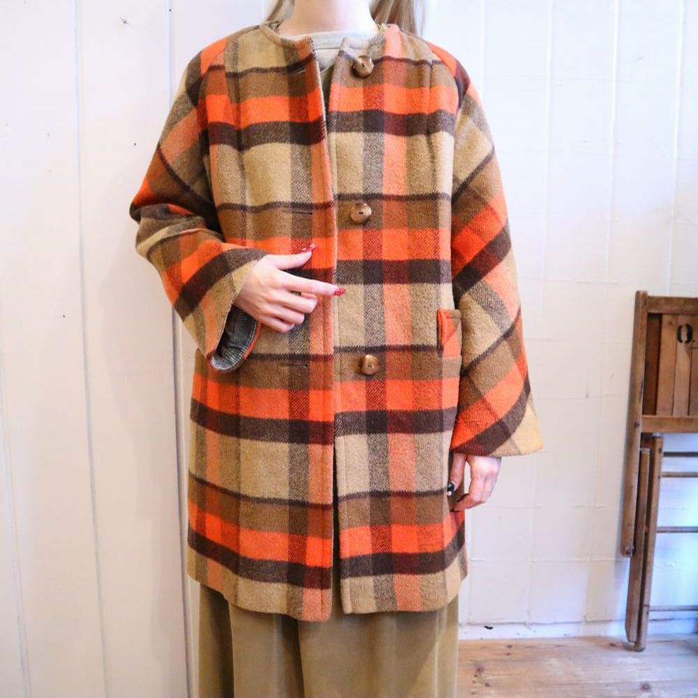 50〜60年代オレンジ×ブラウンチェッククルーネック長袖ウールコート