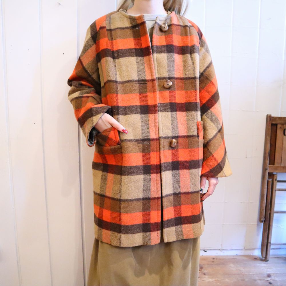 50〜60年代オレンジ×ブラウンチェッククルーネック長袖ウールコート 