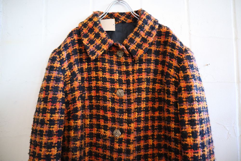 50〜60年代オレンジ×ブラックチェック襟付き長袖ウールコート 