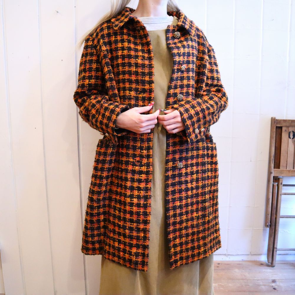 50〜60年代オレンジ×ブラックチェック襟付き長袖ウールコート