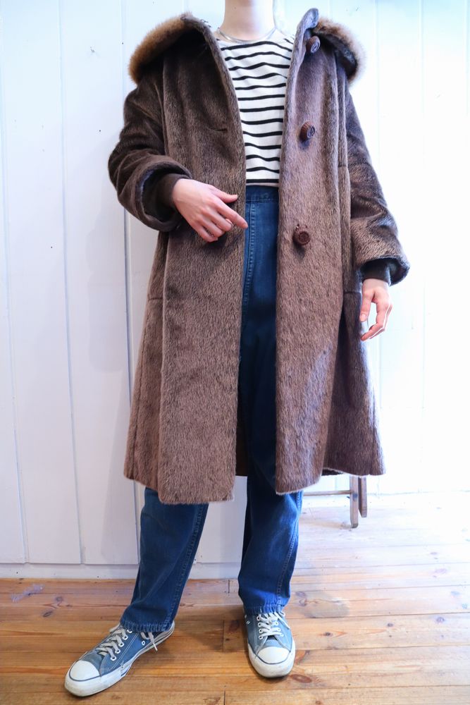 60〜70年代ブラウン×ライトブラウンミンクファー襟ポケット付き長袖フェイクファーコート Ｆｉｚｚ-select Lady's vintage  clothing-