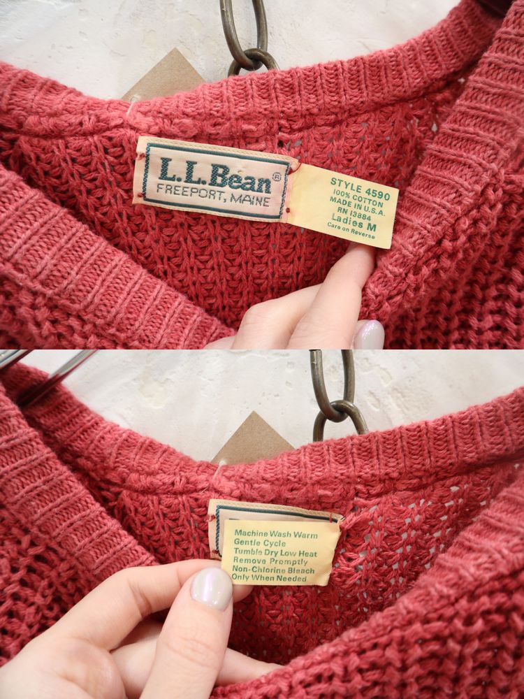 L.L.Bean”ピンクレッド無地クルーネック長袖コットンニットプル